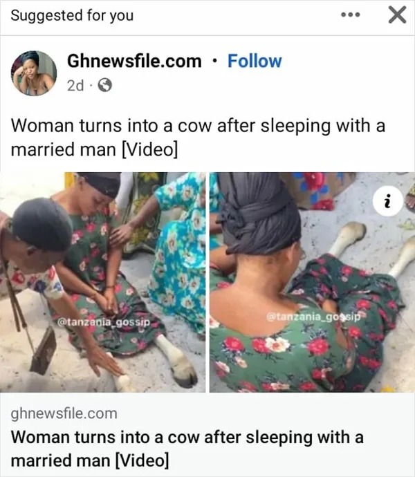 wtf ads - woman who turned into a cow - Suggested for you Ghnewsfile.com. 2d Woman turns into a cow after sleeping with a married man Video ghnewsfile.com Woman turns into a cow after sleeping with a married man Video X i