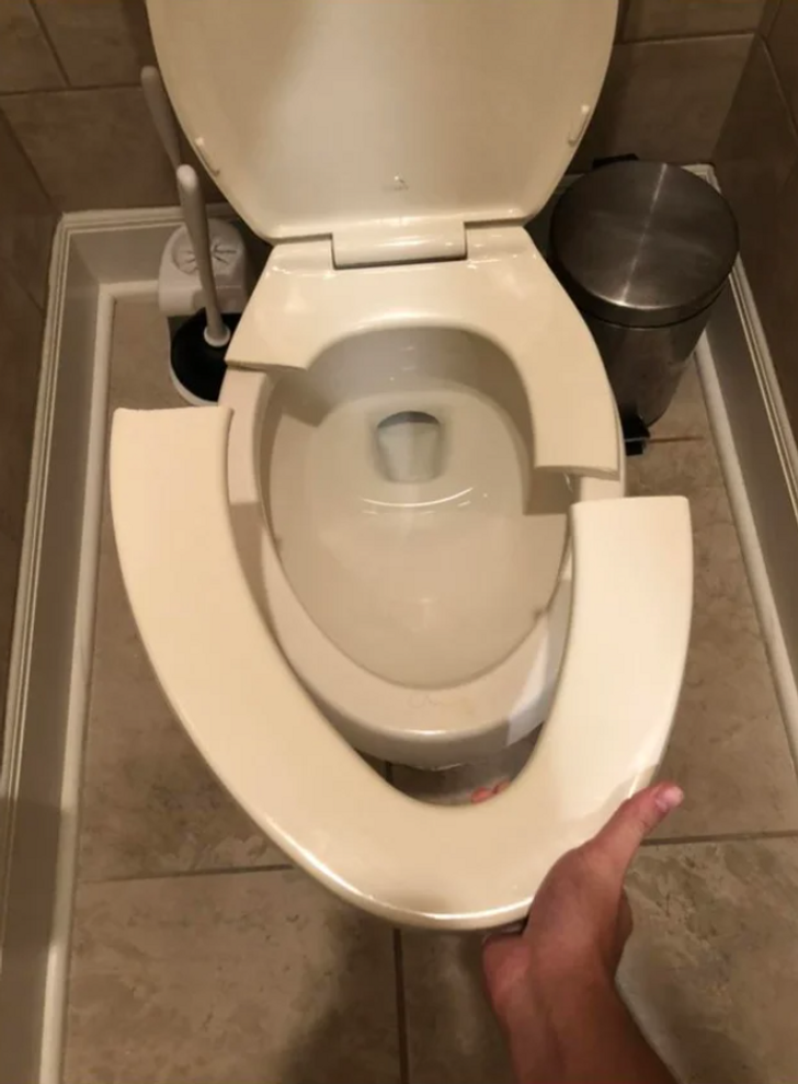 “An extended family member broke the toilet seat while at a gathering and left without mentioning it to anyone.”