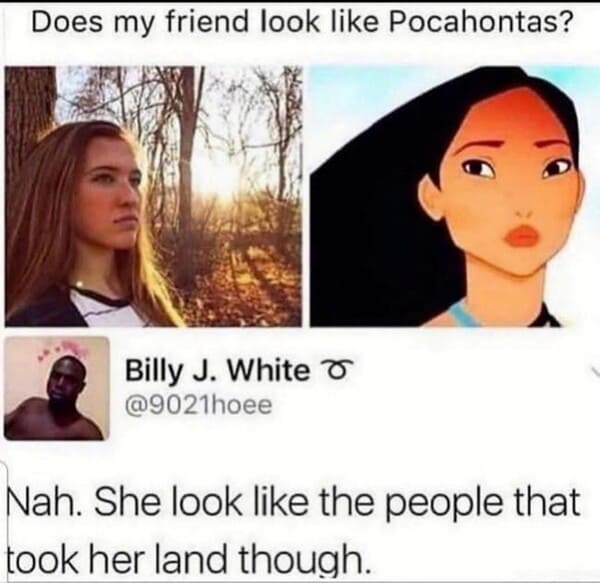 funny comments and replies - does my friend look like pocahontas - Does my friend look Pocahontas? Billy J. White Nah. She look the people that took her land though.