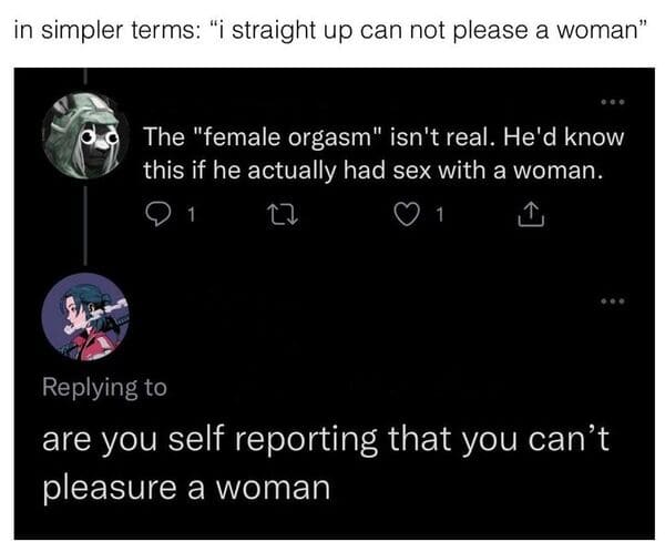 funny comments and replies - screenshot - in simpler terms "i straight up can not please a woman" The "female orgasm" isn't real. He'd know this if he actually had sex with a woman. 1 22 1 are you self reporting that you can't pleasure a woman