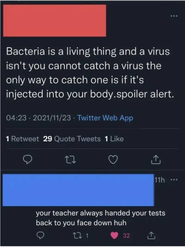 funny comments and replies - 2021 roast - Bacteria is a living thing and a virus isn't you cannot catch a virus the only way to catch one is if it's injected into your body.spoiler alert. Twitter Web App 1 Retweet 29 Quote Tweets 1 27 11h your teacher alw