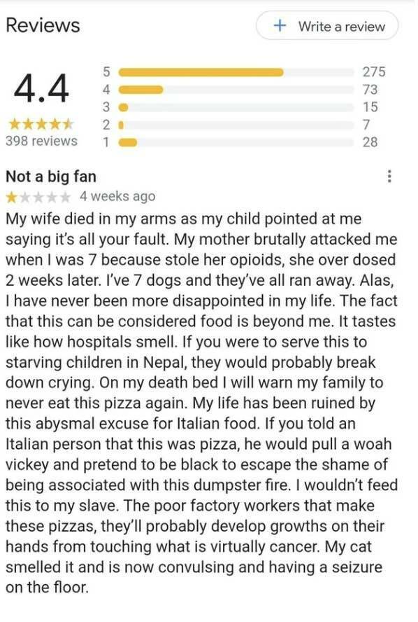 funny comments and replies - document - Reviews 4.4 398 reviews Not a big fan 5432 2 1 4 weeks ago Write a review 275 73 15 7 28 My wife died in my arms as my child pointed at me saying it's all your fault. My mother brutally attacked me when I was 7 beca
