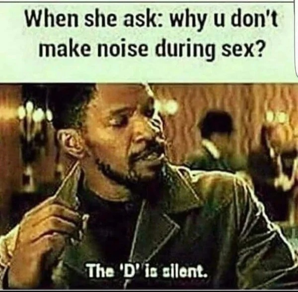 spicy meems - photo caption - When she ask why u don't make noise during sex? The 'D' is silent.