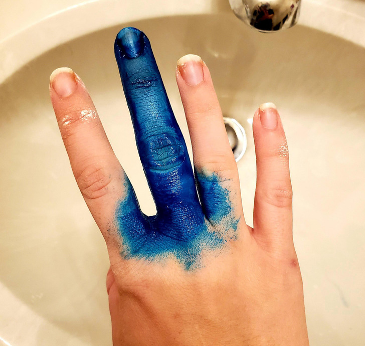 “Didn’t realize one of my glove fingers broke until I was done dyeing my hair.”