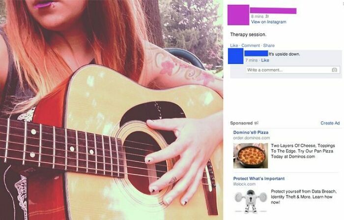 maximum cringe pics - holding guitar upside down - Apply 8 mins 2 View on Instagram Therapy session. Comment It's upside down. 7 mins Write a comment... Sponsored s Domino's Pizza order dominos.com O Protect What's Important Melock.com Croato Ad Two Layer