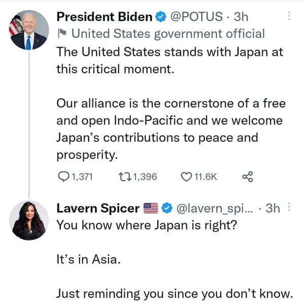 Joe Biden - Co President Biden . 3h United States government official The United States stands with Japan at this critical moment. Our alliance is the cornerstone of a free and open IndoPacific and we welcome Japan's contributions to peace and prosperity.