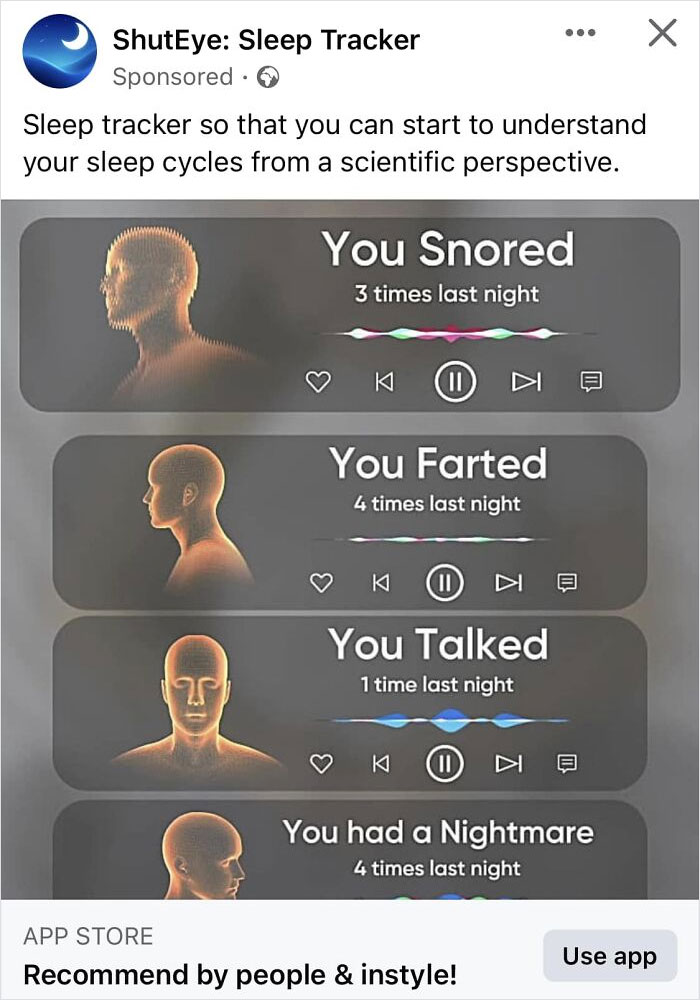 Cringe online ads - sleep tracking app meme - ShutEye Sleep Tracker Sponsored Sleep tracker so that you can start to understand your sleep cycles from a scientific perspective.