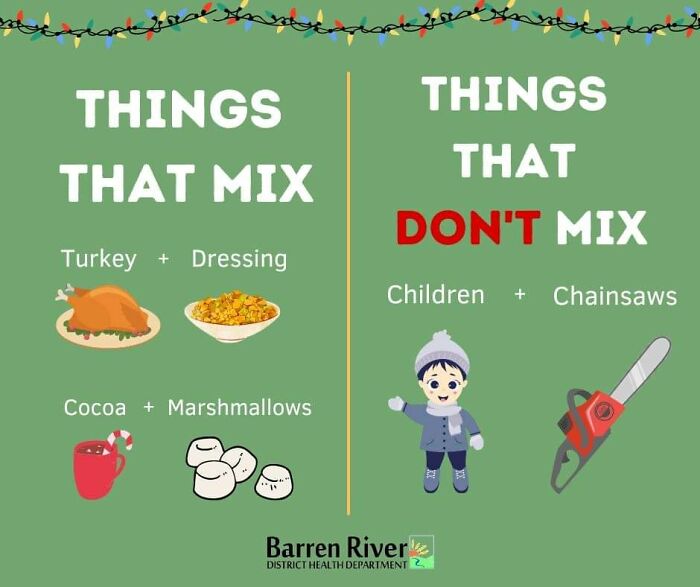 Cringe online ads - cartoon - Things That Mix Turkey Dressing Cocoa Marshmallows Things That Don'T Mix Children Chainsaws Barren River District Health Department