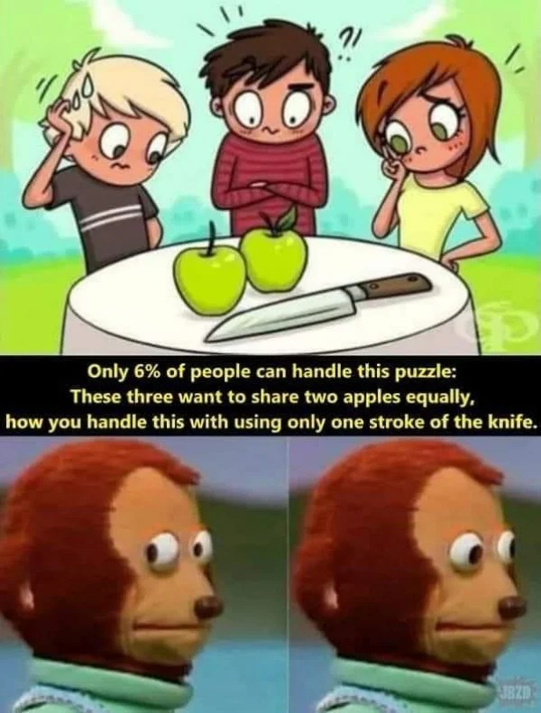 wtf pics made us hold up - only 6% of people can handle this puzzle - Fog Oper Only 6% of people can handle this puzzle These three want to two apples equally, how you handle this with using only one stroke of the knife. Jezd