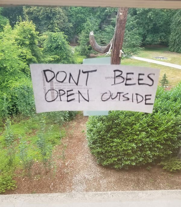 poorly designed products - signs that read wrong - Don'T Bees Open Outside