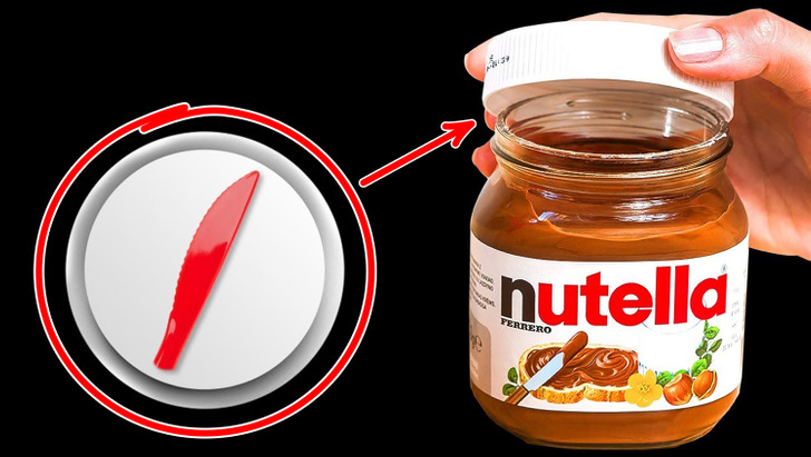 Some Nutella bottles have a hidden knife. In some countries this product has a hidden knife inside the lid, so you can cut the gold foil cover.