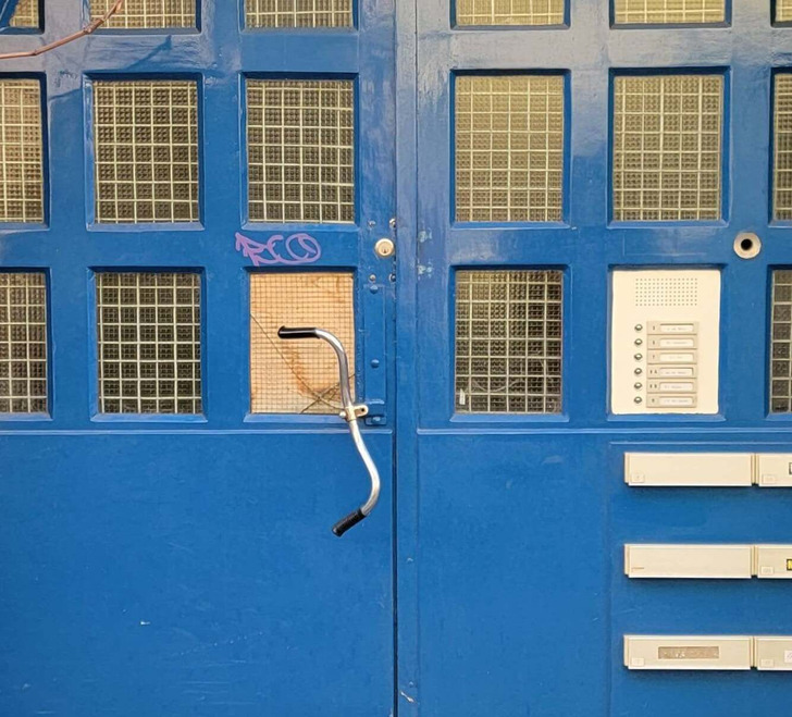 “The bike handlebar door knob on this apartment building”