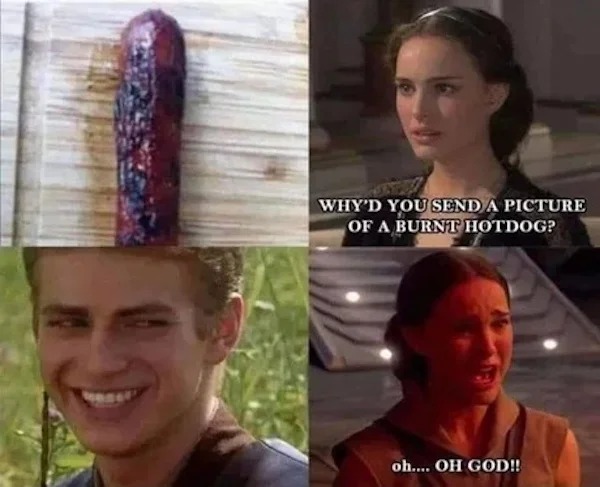 spicy sex memes Tantric Tuesday - anakin burned hot dog - Why'D You Send A Picture Of A Burnt Hotdog? oh.... Oh God!!