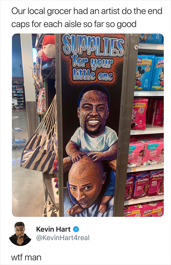 Accidental Comedy - meme kevin hart your little one - Our local grocer had an artist do the end caps for each aisle so far so good Stdores angaga Skaidul Toate Cas 230. Supplies for your little one Kevin Hart Hart4real wtf man Nites PultUps Ups 25 2137 T 