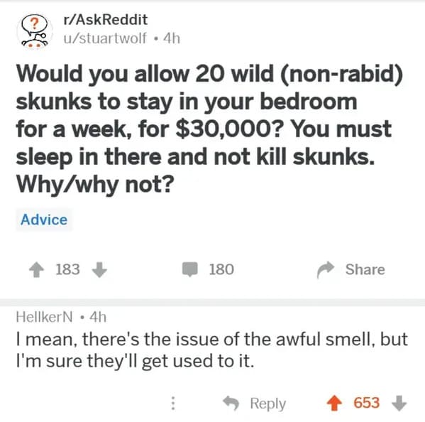 Coursework - rAskReddit ustuartwolf 4h Would you allow 20 wild nonrabid skunks to stay in your bedroom for a week, for $30,000? You must sleep in there and not kill skunks. Whywhy not? Advice 183 HellkerN 4h . 180 I mean, there's the issue of the awful sm