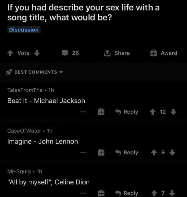 screenshot - If you had describe your sex life with a song title, what would be? Discussion Vote Best 26 TalesFromThe 1h Beat It Michael Jackson Case Of Water 1h Imagine John Lennon MrSquig. 1h "All by myself", Celine Dion 3 Ce L Award 12 9 7