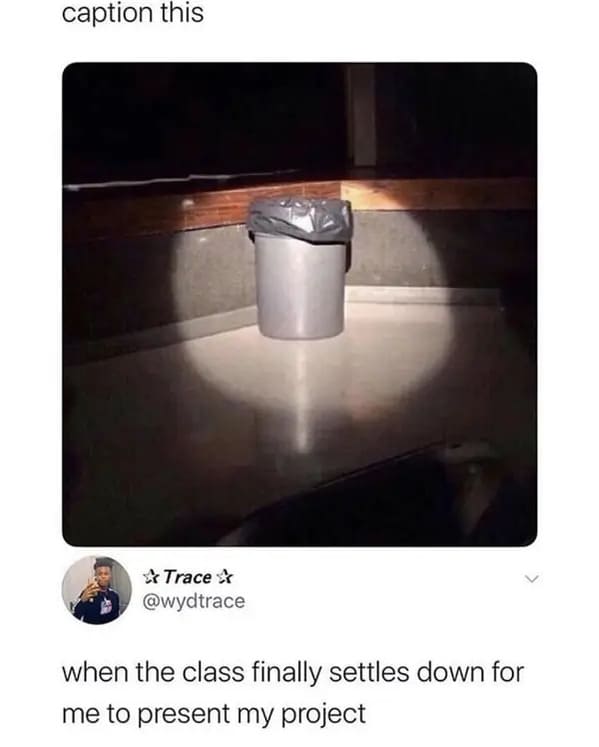 trashcan spotlight - caption this Trace when the class finally settles down for me to present my project