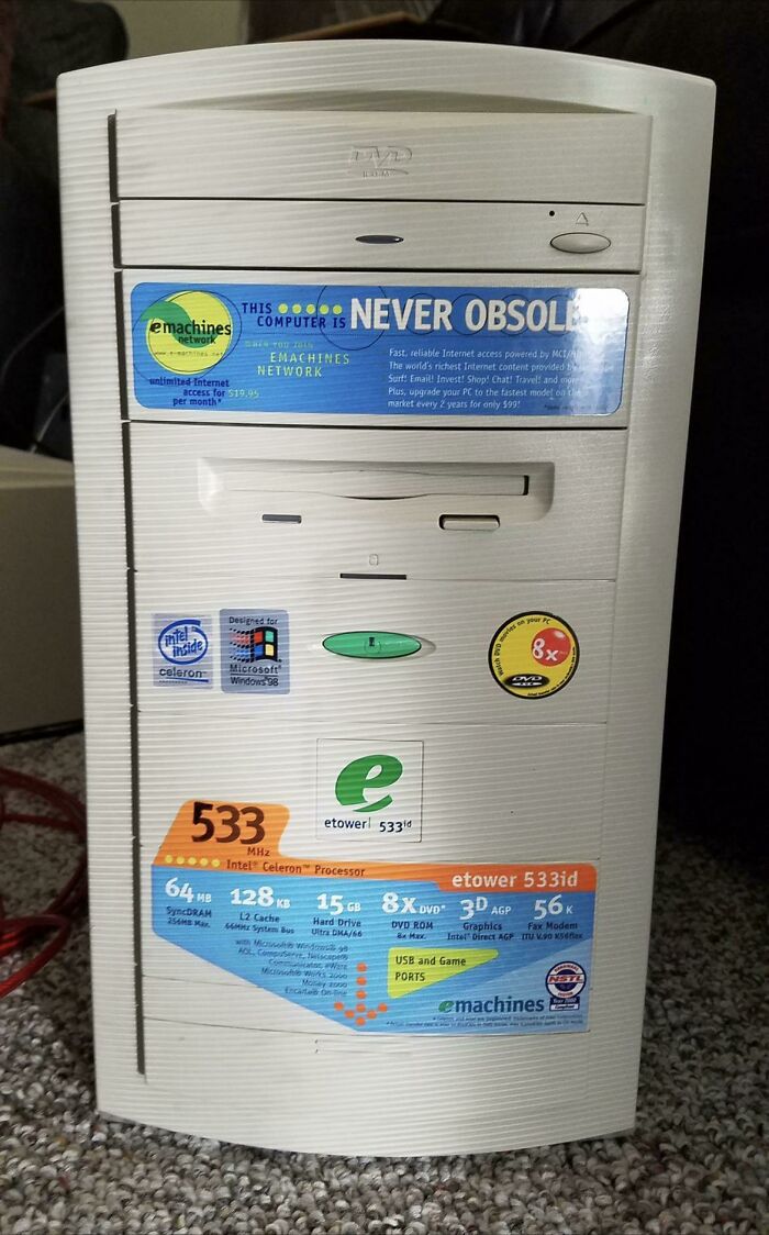 aged poorly  - computer is never obsolete - emachines network intel seg inside celeron untimited Internet access for $19.95 per month This Computer Is Never Obsole mats you rot Emachines Network Designed for Microsoft Windows 98 Heavy 533 MHz Intel Celero