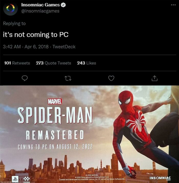 aged poorly  - marvel's spider man remastered - it's not coming to Pc TweetDeck Insomniac Games 101 273 Quote Tweets 243 B Marvel SpiderMan Turide Remastered Coming To Pc On 22 nhoces 2022 Marvel 2022 Sony Interactive Entertainment Llc Created and develop