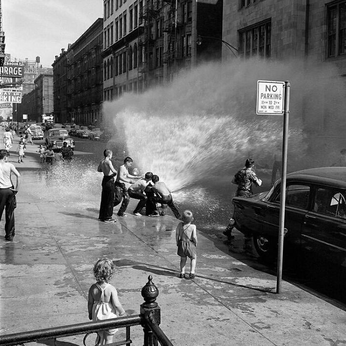 Kids Playing With A Fire Hydrant In NYC In The Summer Of 1954.