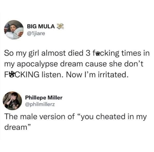 funny comments and replies - Internet meme - Big Mula So my girl almost died 3 fucking times in my apocalypse dream cause she don't Fucking listen. Now I'm irritated. Phillepe Miller The male version of "you cheated in my dream"
