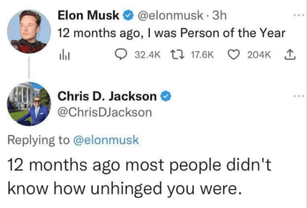 funny comments and replies - diagram - Elon Musk . 3h 12 months ago, I was Person of the Year il 1 Chris D. Jackson DJackson 12 months ago most people didn't know how unhinged you were.