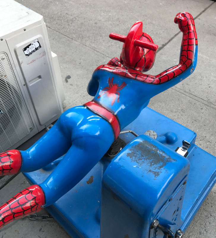 “This Spider-Man children’s ride has a visible panty line.”