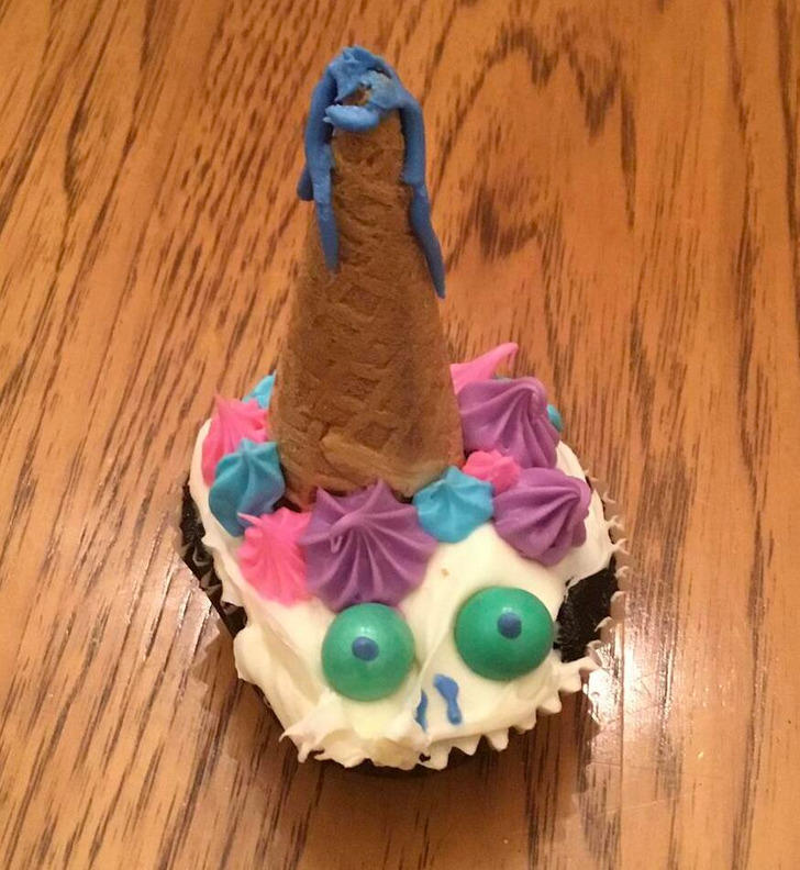 “This was my first attempt at making cute unicorn cupcakes for my kid’s birthday.”