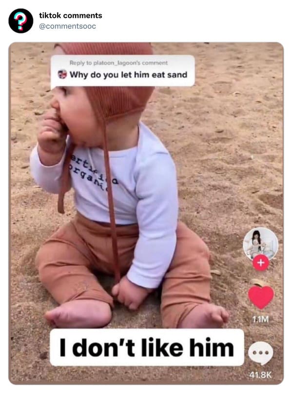 funny tiktok comments - - tiktok to platoon lagoon's comment Why do you let him eat sand erti o organi I don't him 1.1M