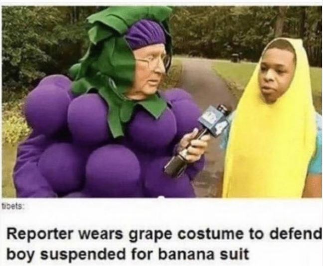 WTF news headlines - banana suit crying - tibets Reporter wears grape costume to defend boy suspended for banana suit