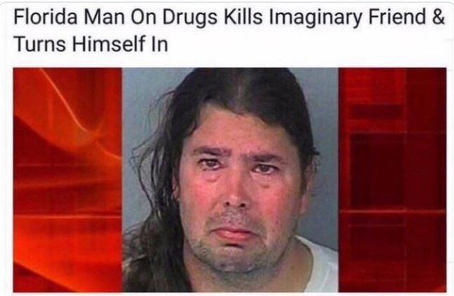 WTF news headlines - Funny meme - Florida Man On Drugs Kills Imaginary Friend & Turns Himself In