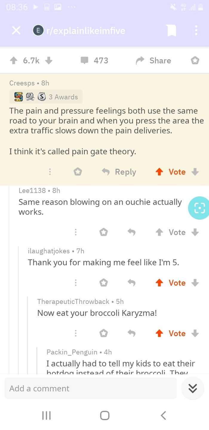 Funny Comments - The pain and pressure feelings both use the same road to your brain and when you press the area the extra traffic slows down the pain deliveries. I think it's called pain gate theory.