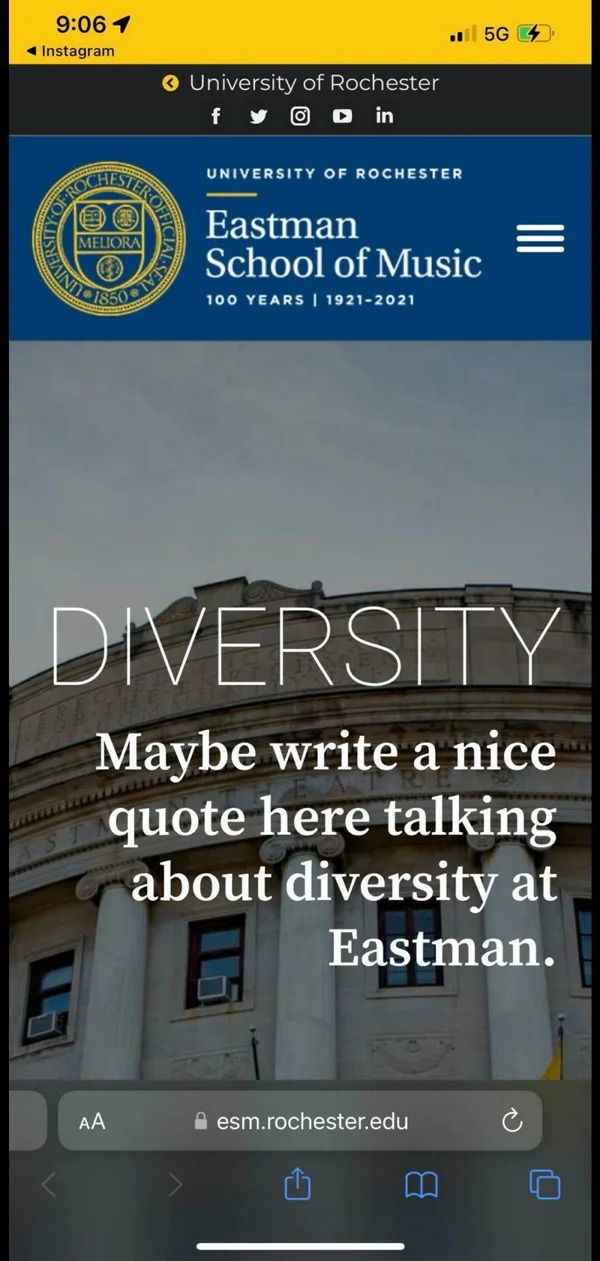 people who had one job and failed - eastman diversity - 1 Instagram Meliora 1850 1 University of Rochester O in Aa University Of Rochester Eastman School of Music 100 Years | 19212021 Diversity Maybe write a nice quote here talking about diversity at East