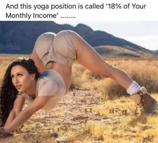 spicy pics and dank memes - thigh - And this yoga position is called '18% of Your Monthly Income' ........ Sverze