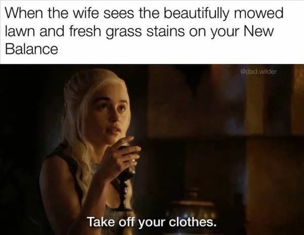 spicy pics and dank memes - photo caption - When the wife sees the beautifully mowed lawn and fresh grass stains on your New Balance Take off your clothes. .wilder