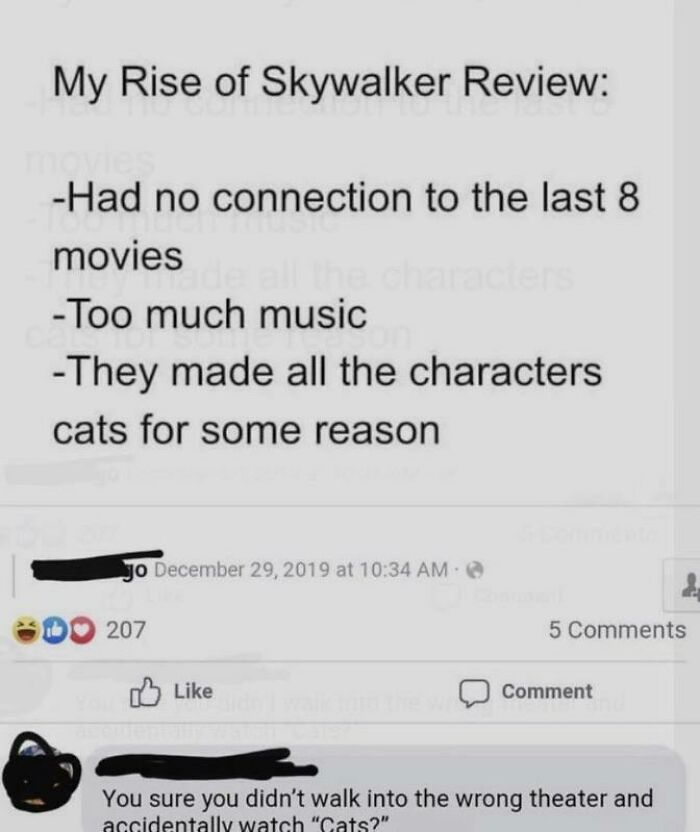 missed the joke - document - My Rise of Skywalker Review Had no connection to the last 8 movies Pad Too much music They made all the characters cats for some reason Jo at 207 5 Comment You sure you didn't walk into the wrong theater and accidentally watch