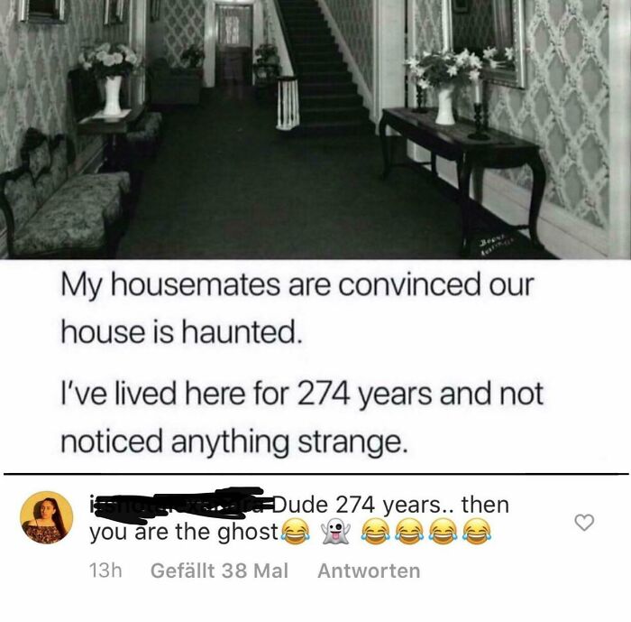 missed the joke - photo caption - My housemates are convinced our house is haunted. I've lived here for 274 years and not noticed anything strange. Dude 274 years.. then you are the ghost 13h Gefllt 38 Mal Antworten