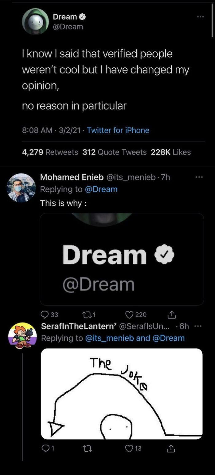 missed the joke - screenshot - Dream I know I said that verified people weren't cool but I have changed my opinion, no reason in particular 3221. Twitter for iPhone 4,279 312 Quote Tweets Mohamed Enieb .7h This is why Dream 33 221 220 SerafInThe Lantern' 