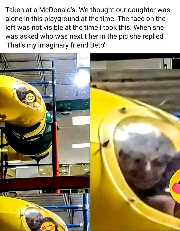 mildly terrifying images - personal protective equipment - Taken at a McDonald's. We thought our daughter was alone in this playground at the time. The face on the left was not visible at the time i took this. When she was asked who was next t her in the 