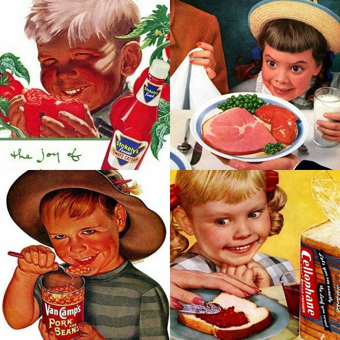 mildly terrifying images - vintage ads - the joy of Vanamp's Pork Beans And Stokely's Tomato Catsup Finest Eine Stokely Finast Bread Fresher Cellophane Lets you see exactly the douf you want