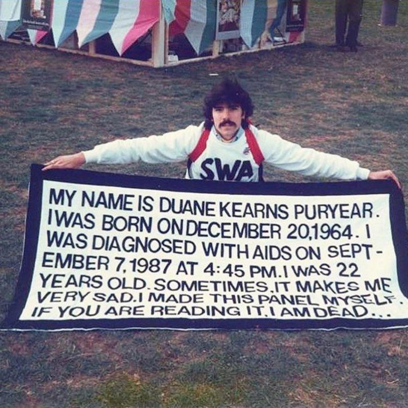 Duane Puryear, an AIDS/HIV activist, with the panel he made for the 1988 AIDS quilt project.