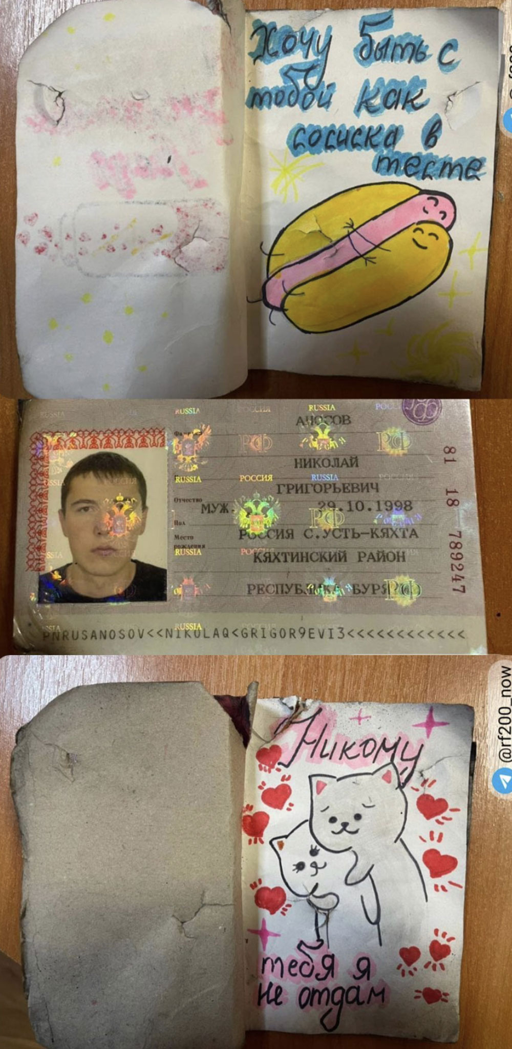 A dead Russian soldiers military I.D with drawings and love letters from his significant other.