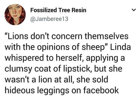oddly specific jokes - Fossilized Tree Resin "Lions don't concern themselves with the opinions of sheep" Linda whispered to herself, applying a clumsy coat of lipstick, but she wasn't a lion at all, she sold hideous leggings on facebook