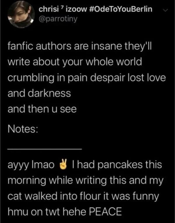 oddly specific jokes - chrisi izoow fanfic authors are insane they'll write about your whole world crumbling in pain despair lost love and darkness and then u see Notes ayyy Imao I had pancakes this morning while writing this and my cat walked into flour 