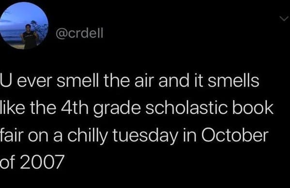 oddly specific jokes - tubbo eating disorder - U ever smell the air and it smells the 4th grade scholastic book fair on a chilly tuesday in October of 2007