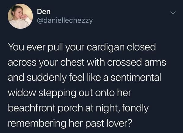 oddly specific jokes - gifted child halloween costume - Den You ever pull your cardigan closed across your chest with crossed arms and suddenly feel a sentimental widow stepping out onto her beachfront porch at night, fondly remembering her past lover?