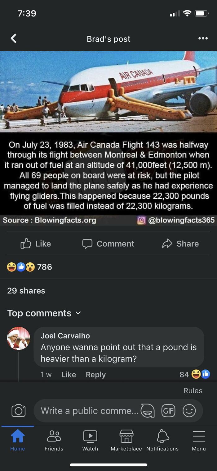 confidently incorrect - screenshot - 786 29 Home On , Air Canada Flight 143 was halfway through its flight between Montreal & Edmonton when it ran out of fuel at an altitude of 41,000feet 12,500 m. All 69 people on board were at risk, but the pilot manage