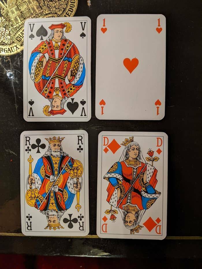 In a French deck of playing cards, instead of seeing J, Q, and K, you'll see V, D, and R: