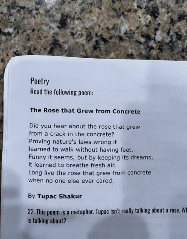 This school's homework on metaphors that uses Tupac Shakur's poetry as an example: