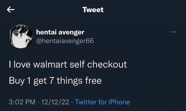 people caught doing illegal stuff - tweets about karma - Tweet hentai avenger I love walmart self checkout Buy 1 get 7 things free 121222 Twitter for iPhone . ...